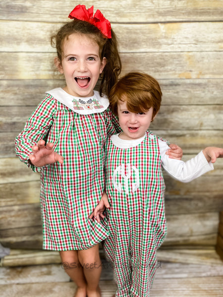 Monogrammed faux smocked Christmas outfit boys in christmas plaid gingham, Boys Christmas overalls, boys 1st Christmas outfit reindeers