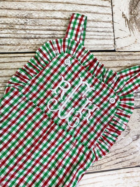 Baby girl monogrammed Christmas outfit in red, green and white gingham