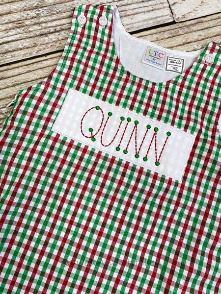 Girls monogrammed red, green and white gingham Christmas dress