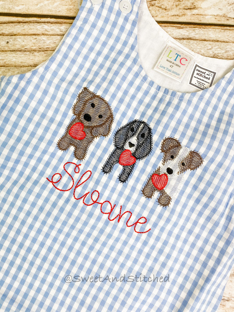 Monogrammed boys Valentine&#39;s overalls with dogs and hearts design in light blue gingham, boys valentine&#39;s longall