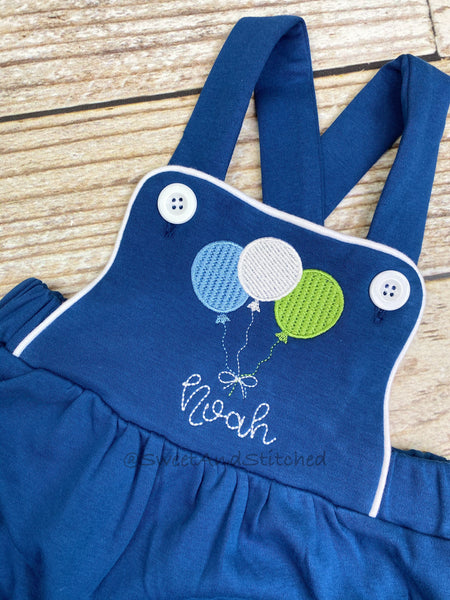 Monogrammed baby boy Birthday romper with balloons in navy, personalized boys bubble