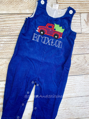 Personalized Baby Boy Christmas outfit with truck and tree - navy corduroy monogrammed Christmas overalls personalized