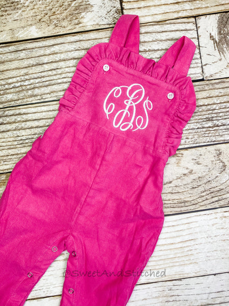 Baby girl monogrammed fall Corduroy outfit, Pink monogrammed overalls