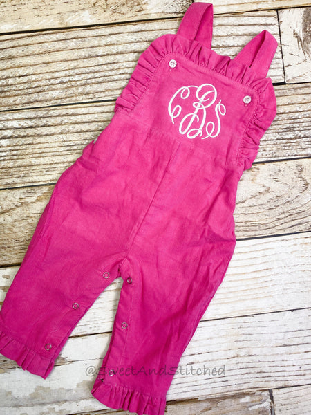 Baby girl monogrammed fall Corduroy outfit, Pink monogrammed overalls