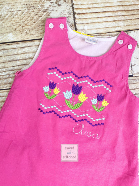 Girls Pink Corduroy Faux Smock Easter Dress, monogrammed Easter dress, corduroy jumper with spring floral tulip design