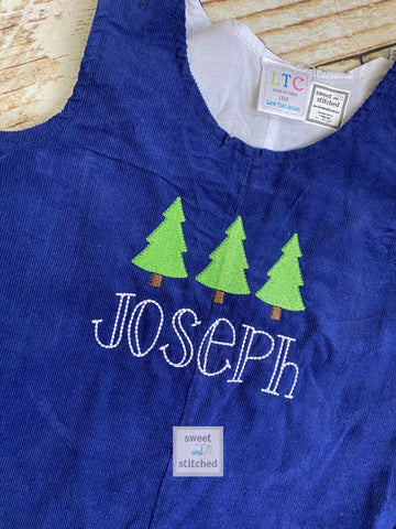 Baby boy Christmas outfit in navy corduroy with christmas tree design, Toddler Boys Christmas overalls, Boys monogrammed santa outfit