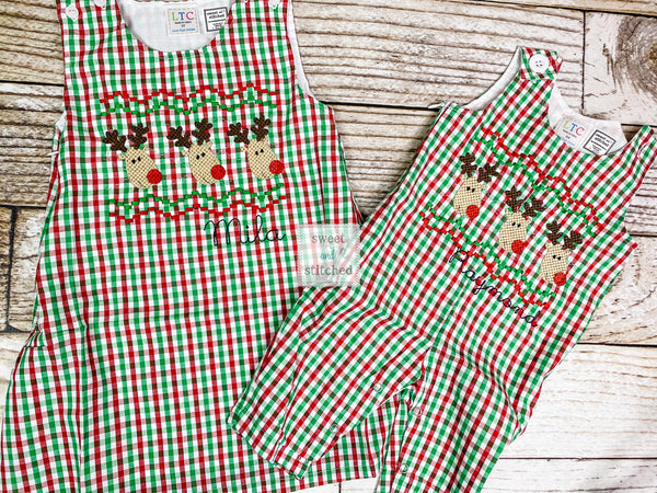 Monogrammed faux smocked Christmas outfit boys in christmas plaid gingham, Boys Christmas overalls, boys 1st Christmas outfit reindeers