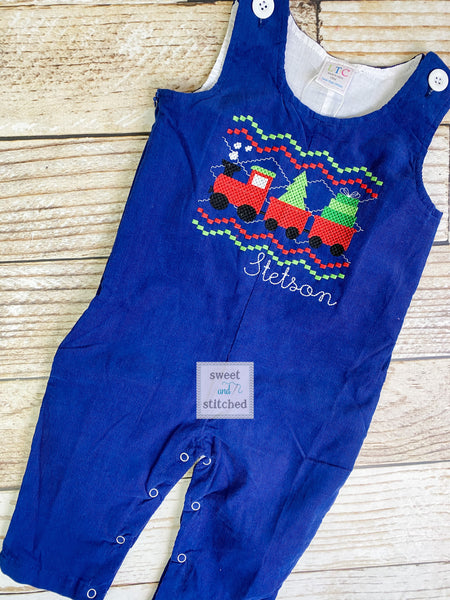 Baby boy Christmas faux smock train outfit, Toddler Boys Christmas overalls, Boys monogrammed santa outfit, Navy Corduroy Christmas Outfit