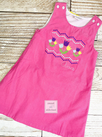 Girls Pink Corduroy Faux Smock Easter Dress, monogrammed Easter dress, corduroy jumper with spring floral tulip design