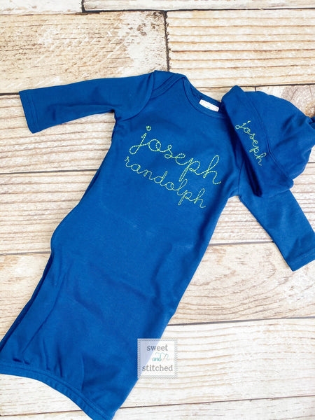 Baby boy monogrammed gown in navy and green, baby boy take home outfit, monogrammed newborn outfit - Baby boy gift set, baby shower gift