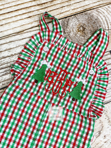 Baby girl monogrammed Christmas outfit in red, green and white gingham with trees and monogram design, Ruffle Christmas overalls