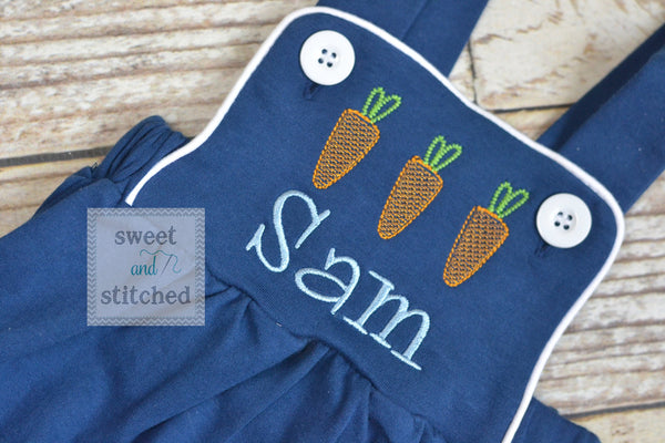 Monogrammed boys easter romper in navy blue, Boys easter outfit with carrots, baby boy bubble romper, baby boy easter carrot romper