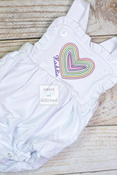 Monogrammed baby girl Valentine&#39;s outfit, ruffle bubble with vintage rainbow heart design, girls valentine&#39;s outfit, rainbow outfit