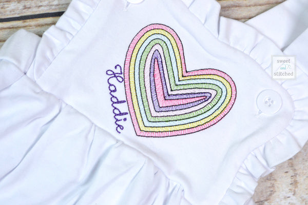 Monogrammed baby girl Valentine&#39;s outfit, ruffle bubble with vintage rainbow heart design, girls valentine&#39;s outfit, rainbow outfit