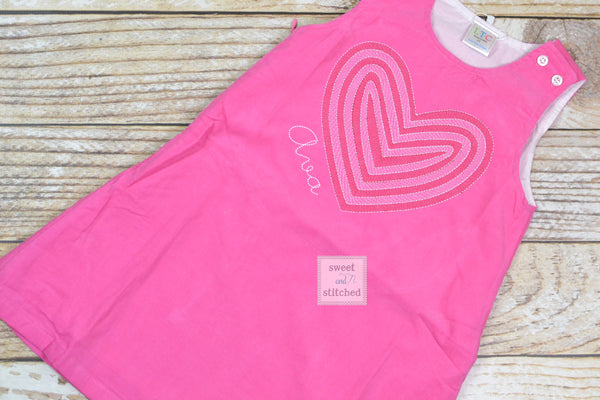 Girls Pink Corduroy Valentine&#39;s dress - Monogrammed Pink jumper dress dress with heart design - Corduroy Valentine&#39;s outfit