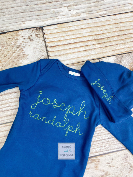 Baby boy monogrammed gown in navy and green, baby boy take home outfit, monogrammed newborn outfit - Baby boy gift set, baby shower gift