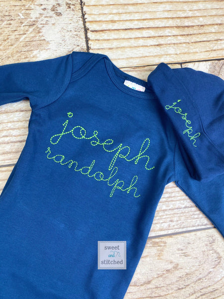 Baby boy monogrammed gown in navy and green, baby boy take home outfit, monogrammed newborn outfit - Baby boy gift set, baby shower gift