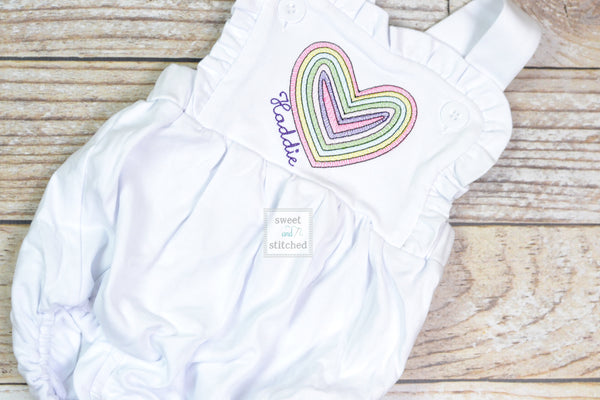 Monogrammed baby girl Valentine&#39;s outfit, ruffle bubble with vintage rainbow heart design, girls valentine&#39;s outfit, rainbow outfit