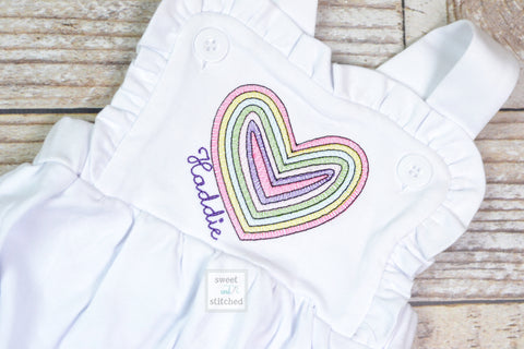 Monogrammed baby girl Valentine&#39;s outfit, ruffle bubble with vintage rainbow heart design, girls valentine&#39;s outfit, rainbow outfit