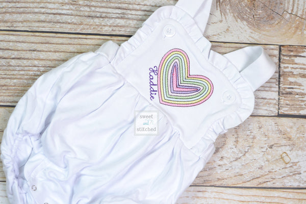 Monogrammed baby girl Valentine&#39;s outfit, ruffle bubble with vintage rainbow heart design, girls valentine&#39;s outfit, rainbow outfit