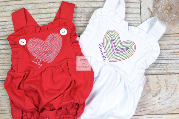 Monogrammed baby girl Valentine&#39;s outfit, ruffle bubble with vintage rainbow heart design, girls valentine&#39;s outfit, rainbow outfit