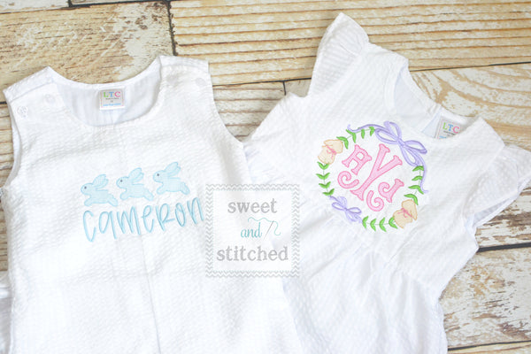 Monogrammed Seersucker Easter dress with bunnies, baby girl easter dress personalized, white seersucker easter dress with bunnies