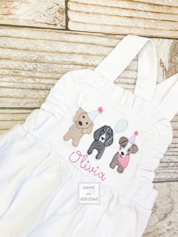 Monogrammed baby girl cake smash outfit with puppy dogs and name, girls birthday bubble outfit, 1st birthday puppy themed cake smash outfit