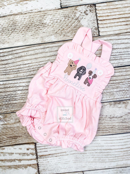 Monogrammed pink baby girl cake smash outfit with puppy dogs and name, girls birthday outfit, 1st birthday puppy themed cake smash outfit