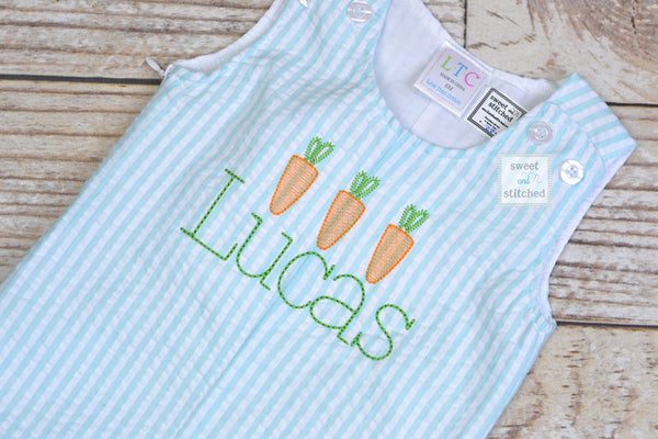 Monogrammed Boys Easter Romper in seersucker with carrots, Baby boy EasterOutfit, Personalized easter outfit, monogrammed easter outfit
