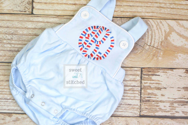 Boys 4th of July monogrammed outfit, boys patriotic bubble romper with red white and blue monogram, baby boy sunsuit