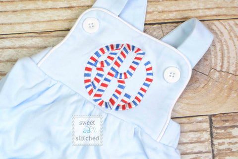 Boys 4th of July monogrammed outfit, boys patriotic bubble romper with red white and blue monogram, baby boy sunsuit