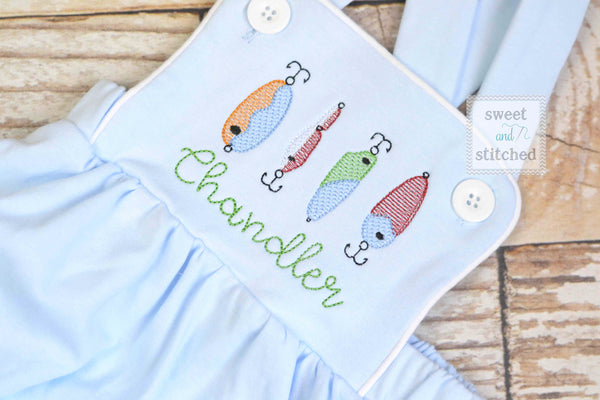 Monogrammed baby boy fishing romper, fishing birthday outfit, fishing themed cake smash outfit, birthday outfit