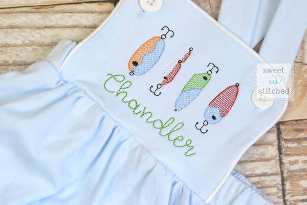 Monogrammed baby boy fishing romper, fishing birthday outfit, fishing themed cake smash outfit, birthday outfit