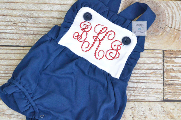 Monogrammed baby girl ruffle bubble in color block navy and white with red monogram, 4th of july sibling outfits, 4th of july dress