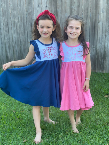 Monogrammed baby girl ruffle dress in color block navy and white with red monogram, 4th of july sibling outfits, 4th of july dress