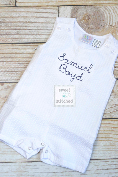 Monogrammed Boys Jon Jon, Baby boy Easter or Summer Outfit, Personalized Baby boy romper, white seersucker with monogram or name