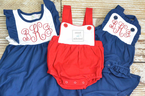 Monogrammed baby girl ruffle bubble in color block navy and white with red monogram, 4th of july sibling outfits, 4th of july dress