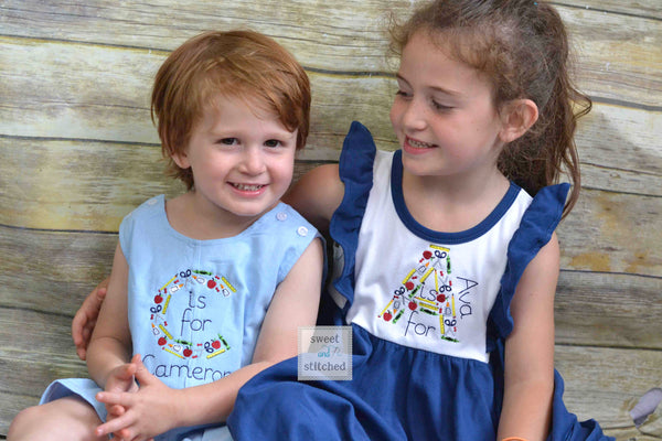 Monogrammed back to school ruffle dress in color block navy and white Letter (A is for...) monogram, back to school outfit, kindergarten