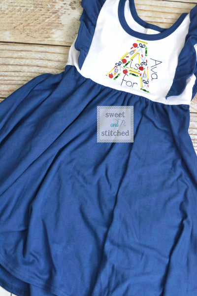 Monogrammed back to school ruffle dress in color block navy and white Letter (A is for...) monogram, back to school outfit, kindergarten