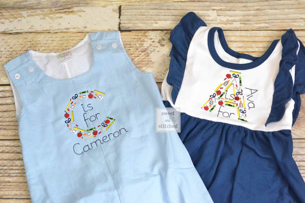 Monogrammed back to school ruffle dress in color block navy and white Letter (A is for...) monogram, back to school outfit, kindergarten