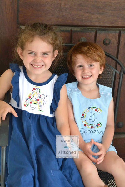 Monogrammed back to school ruffle dress in color block navy and white Letter (A is for...) monogram, back to school outfit, kindergarten