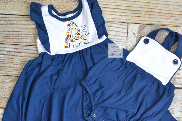 Monogrammed back to school ruffle dress in color block navy and white Letter (A is for...) monogram, back to school outfit, kindergarten