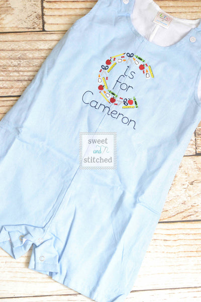 Monogrammed back to school outfit, back to school jon jon monogrammed, preschool outfit, 1st day of school