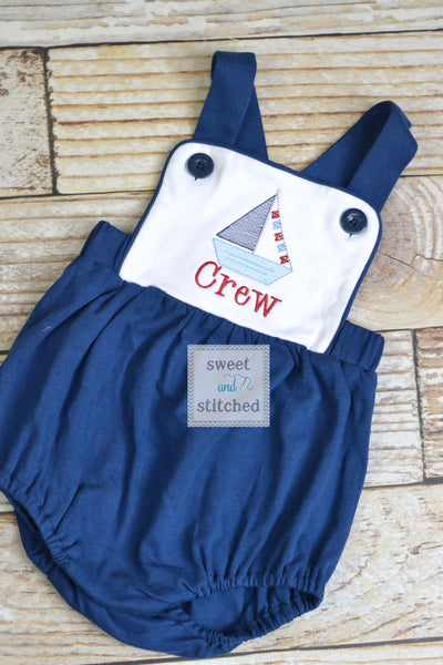 Monogrammed baby boy sailboat outfit in navy and white, monogrammed boys beach romper, 1st birthday sailboat outfit, boat cake smash