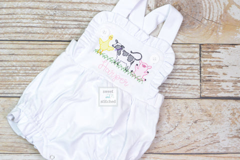 Monogrammed baby girl cake smash outfit with farm animals and name, girls farm bubble outfit, 1st birthday farm themed cake smash outfit