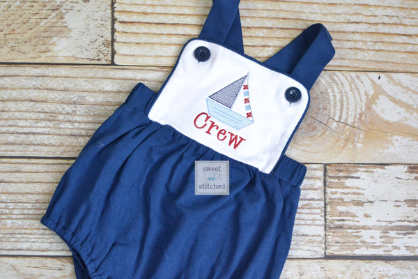 Monogrammed baby boy sailboat outfit in navy and white, monogrammed boys beach romper, 1st birthday sailboat outfit, boat cake smash