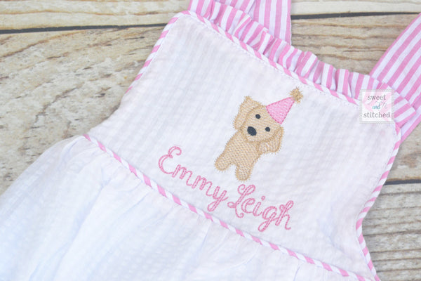 Monogrammed baby girl ruffle bubble with puppy, puppy dog themed birthday outfit, 1st birthday cake smash outfit, puppy cake smash