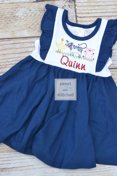 Monogrammed farm animal ruffle dress in color block navy and white personalized, farm birthday outfit, barnyard cake smash outfit