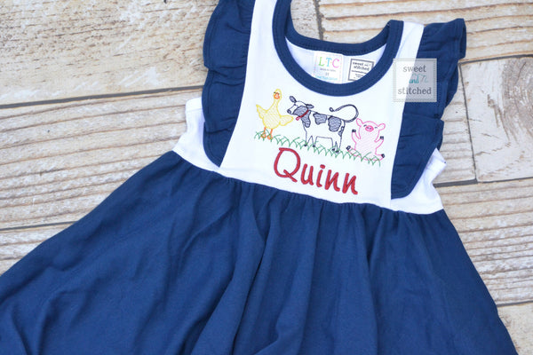 Monogrammed farm animal ruffle dress in color block navy and white personalized, farm birthday outfit, barnyard cake smash outfit