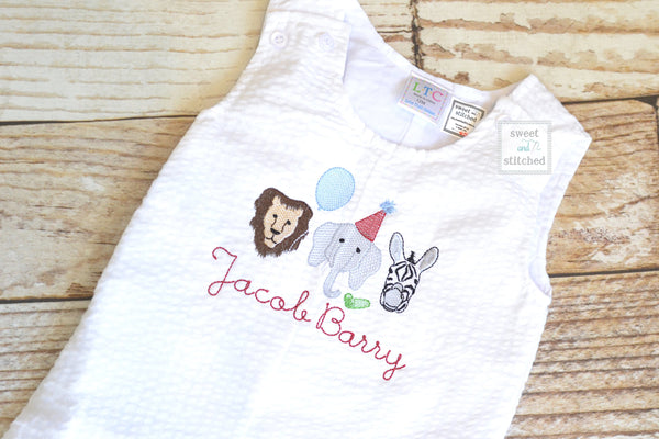 Monogrammed Boys Jon Jon with zoo animals, Baby boy 1st birthday outfit, Personalized Baby boy cake smash romper with zoo or safari theme